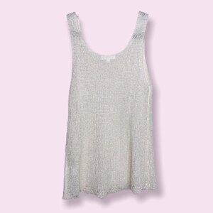 Boho Knit Tank Top White Cream Semi Sheer Coastal Flowy Blouse Womens Size Small